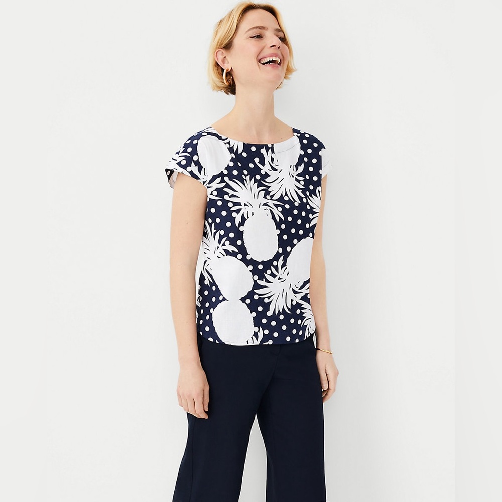 Ann Taylor Pineapple Linen Blend Gusset Tee Womens XL